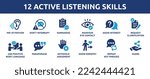 12 Active Listening Skills Icon Set. Containing pay attention, eye contact, body language, show empathy, don