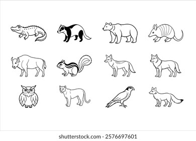 12 American animals line art on white background.