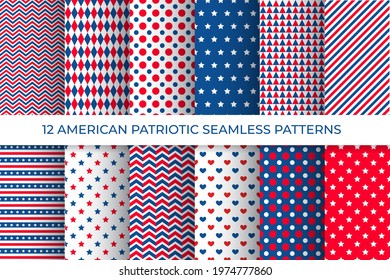 12 American patriotic seamless patterns. USA traditional stars and stripes background set.  Red blue white backdrop. Vector template for fabric, textile, wallpaper, wrapping paper, etc. 