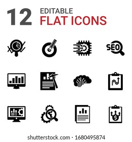 12 analysis filled icons set isolated on white background. Icons set with Marketing analytics, Target keywords, Machine learning, SEO monitoring, Data mining, SEO, Accounting software icons.