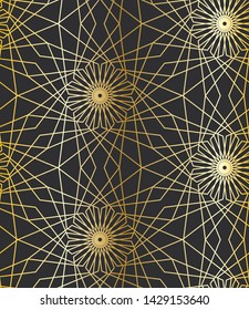 12 (and 6) Fold Golden Islamic Geometric Pattern Seamless Repeat Vector Pattern Swatch.  Triangle and Polygon Line Pattern.  Golden Gradient and Dark Background.  Arab, Muslim, Ramadan, Moroccan.