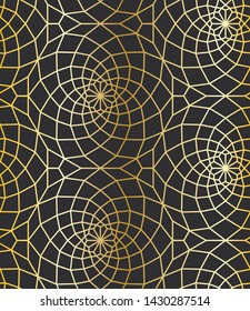 12 (and 6) Fold Golden Islamic Geometric Pattern Seamless Repeat Vector Pattern Swatch.  Triangle and Polygon Line Pattern.  Golden Gradient and Dark Background.  Arab, Muslim, Ramadan, Moroccan.