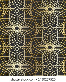 12 (and 6) Fold Golden Islamic Geometric Pattern Seamless Repeat Vector Pattern Swatch.  Triangle and Polygon Line Pattern.  Golden Gradient and Dark Background.  Arab, Muslim, Ramadan, Moroccan.