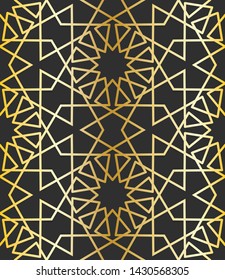 12 (and 6) Fold Golden Islamic Geometric Pattern Seamless Repeat Vector Pattern Swatch.  Triangle and Polygon Line Pattern.  Golden Gradient and Dark Background.  Arab, Muslim, Ramadan, Moroccan.