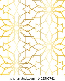 12 (and 6) Fold Golden Islamic Geometric Pattern Seamless Repeat Vector Pattern Swatch.  Triangle and Polygon Line Pattern.  Golden Gradient and White Background.  Arab, Muslim, Ramadan, Moroccan.
