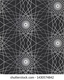 12 (and 6) Fold Silver Islamic Geometric Seamless Repeat Vector Pattern Swatch.  Triangle and Polygon Line Design.  Silver Gradient and Dark Background.  Arab, Muslim, Ramadan, Moroccan.