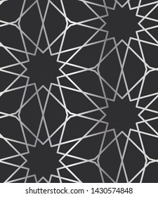 12 (and 6) Fold Silver Islamic Geometric Seamless Repeat Vector Pattern Swatch.  Triangle and Polygon Line Design.  Silver Gradient and Dark Background.  Arab, Muslim, Ramadan, Moroccan.