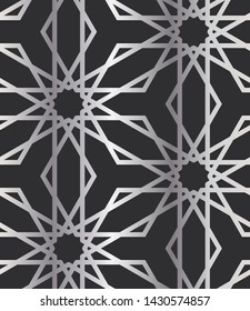 12 (and 6) Fold Silver Islamic Geometric Seamless Repeat Vector Pattern Swatch.  Triangle and Polygon Line Design.  Silver Gradient and Dark Background.  Arab, Muslim, Ramadan, Moroccan.