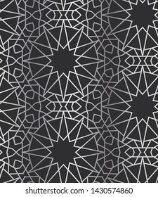 12 (and 6) Fold Silver Islamic Geometric Seamless Repeat Vector Pattern Swatch.  Triangle and Polygon Line Design.  Silver Gradient and Dark Background.  Arab, Muslim, Ramadan, Moroccan.