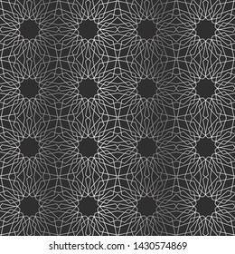 12 (and 6) Fold Silver Islamic Geometric Seamless Repeat Vector Pattern Swatch.  Triangle and Polygon Line Design.  Silver Gradient and Dark Background.  Arab, Muslim, Ramadan, Moroccan.