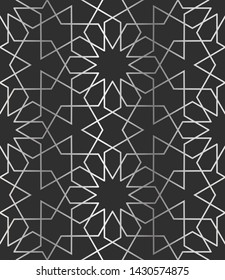 12 (and 6) Fold Silver Islamic Geometric Seamless Repeat Vector Pattern Swatch.  Triangle and Polygon Line Design.  Silver Gradient and Dark Background.  Arab, Muslim, Ramadan, Moroccan.