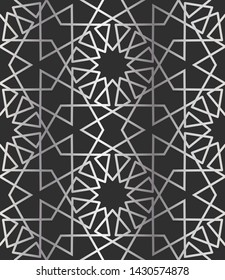 12 (and 6) Fold Silver Islamic Geometric Seamless Repeat Vector Pattern Swatch.  Triangle and Polygon Line Design.  Silver Gradient and Dark Background.  Arab, Muslim, Ramadan, Moroccan.