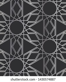 12 (and 6) Fold Silver Islamic Geometric Seamless Repeat Vector Pattern Swatch.  Triangle and Polygon Line Design.  Silver Gradient and Dark Background.  Arab, Muslim, Ramadan, Moroccan.