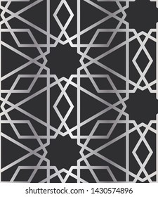 12 (and 6) Fold Silver Islamic Geometric Seamless Repeat Vector Pattern Swatch.  Triangle and Polygon Line Design.  Silver Gradient and Dark Background.  Arab, Muslim, Ramadan, Moroccan.