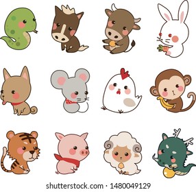 12 animal asian zodiac character illustration set