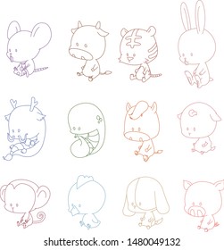 12 animal asian zodiac character illustration set