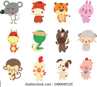 12 animal asian zodiac character illustration set