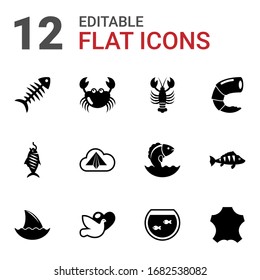 12 animal filled icons set isolated on white background. Icons set with fish bone, crab, lobster, smoked fish, Origami, shrimp, shark fin, dove, Aquarium, leather, perch icons.