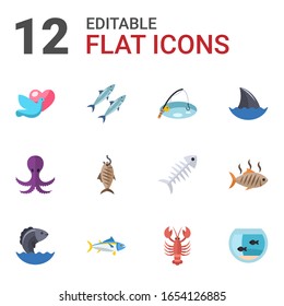 12 animal flat icons set isolated on white background. Icons set with dove, sardine, Fishing, octopus, smoked fish, shark fin, Seafood, tuna, lobster, Aquarium, grilled fish icons.