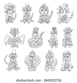 12 animals of the Chinese zodiac New year symbols in the steampunk style. Vector illustration. Eastern horoscope. Metal animals are isolated. Coloring book for children and adults. Cute robot Animals