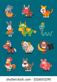 12 Animals Chinese Zodiac. Vector illustration. Set Characters. Mascot Pack.