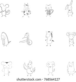 12 animals zodiac outline. animals vector. Zodiac sign drawing.