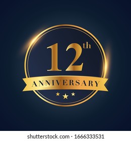 12 anniversary celebration logotype. Golden colored isolated on black blue background, vector design for greeting card and invitation card and celebration event