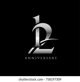 12 anniversary elegance silver logo. linked number with swoosh on black background