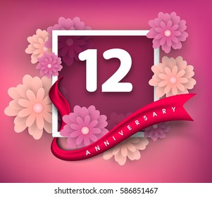 12 anniversary invitation card. Vector invitation card or 
Anniversary emblems template design. Design with abstract 
background and elegant frame with ribbon decorated and 3d flowers.