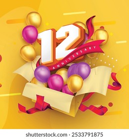 12 anniversary logo template on a gift box with a yellow background and balloons. 12nd anniversary celebration featuring a red ribbon and balloons. Gift box concept for an anniversary invitation card.