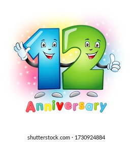 12 anniversary numbers. 12 years old logotype. Bright congrats. Isolated abstract graphic design template. Creative 1, 2 digits. 3D text. Up to 12%, -12% percent off discount. Congratulations concept.