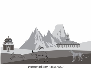 12 Antilopes running in desert in central asia, leopard, temples.