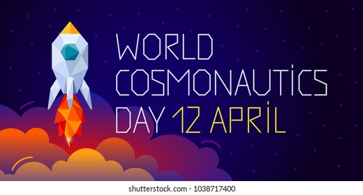 12 April Cosmonautics Day banner with rocket. International day human space flight. Horizontal web banner. Polygonal style