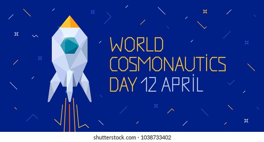 12. April Cosmonautics Day Banner mit Rakete. Internationale Tagesflüge in den menschlichen Weltraum. Horizontaler Webbanner. Polygonal-Stil