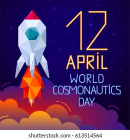 12 April Cosmonautics Day Banner With Rocket. International Day Human Space Flight. Greeting Card. Eps10