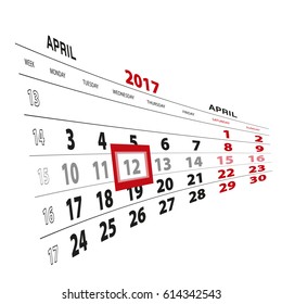12 April highlighted on calendar 2017. Week starts from Monday. Vector Illustration.