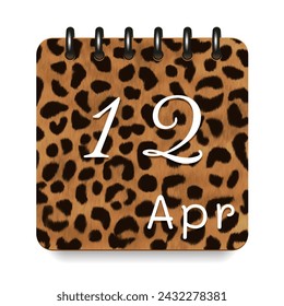 12 de abril. Icono diario de calendario de impresión de leopardo. Letras blancas. Fecha día semana Domingo, lunes, martes, miércoles, jueves, viernes, sábado.
