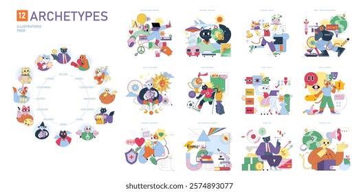 12 Archetypes illustration pack. A creative exploration of twelve distinct personality archetypes through engaging visual representations. Each character showcases unique traits and roles in society