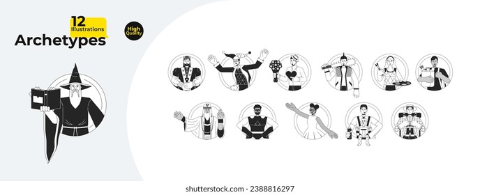 12 archetypes in society black and white cartoon flat illustration bundle. Archetypal 2D lineart characters isolated. Innate potentials diversity people monochrome vector outline image collection