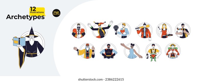 12 archetypes in society line cartoon flat illustration bundle. Archetypal 2D lineart characters isolated on white background. Innate potentials diversity people vector color image collection