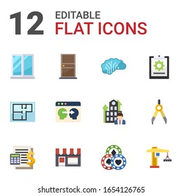 12 architecture flat icons set isolated on white background. Icons set with window, door, AI Architecture, Property plan, Information Architecture, project, Accounting icons.