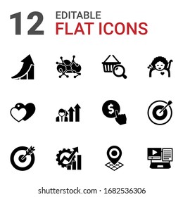 12 arrow filled icons set isolated on white background. Icons set with growth, Asynchronous Learning, Marketing research, love, Business opportunity, cupid angel, goal icons.
