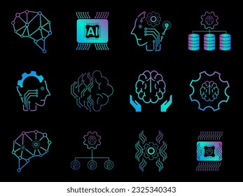 12 artificial intelligence icons, 12 AI icon sets vector, illustration