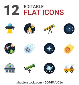 12 flache Astronomie-Symbole einzeln auf weißem Hintergrund. Symbole setzen sich mit Fu, Weltraumforschung, Teleskop, Raum, Komet, Sternbild, Sternwarte, Astronomie, Galaxie-Symbole.