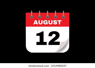 12 August calendar icon text page monthly web design on red, white and black background vector, icon, or illustration with the month of August 12