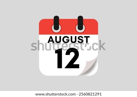 12 August calendar icon text page monthly web design on red, white, black and ash background vector, icon, or illustration with the month of August 12