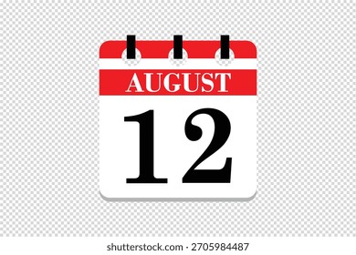 12 de agosto Vector del calendario, 12 fechas del mes de agosto, fechas del 12 de agosto, icono del calendario, icono del calendario del Vector.