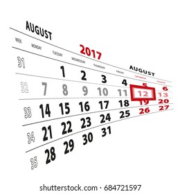 12 August highlighted on calendar 2017. Week starts from Monday. Vector Illustration.