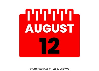 12 agosto mês vetor dia único, ilustração, calendário com vermelho, preto e branco ícone de calendário de fundo de cor de agosto 12
