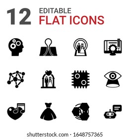 12 background filled icons set isolated on white background. Icons set with Cognitive Science, Binder clip, Wedding, Neural network, wedding ceremony, Content management icons.